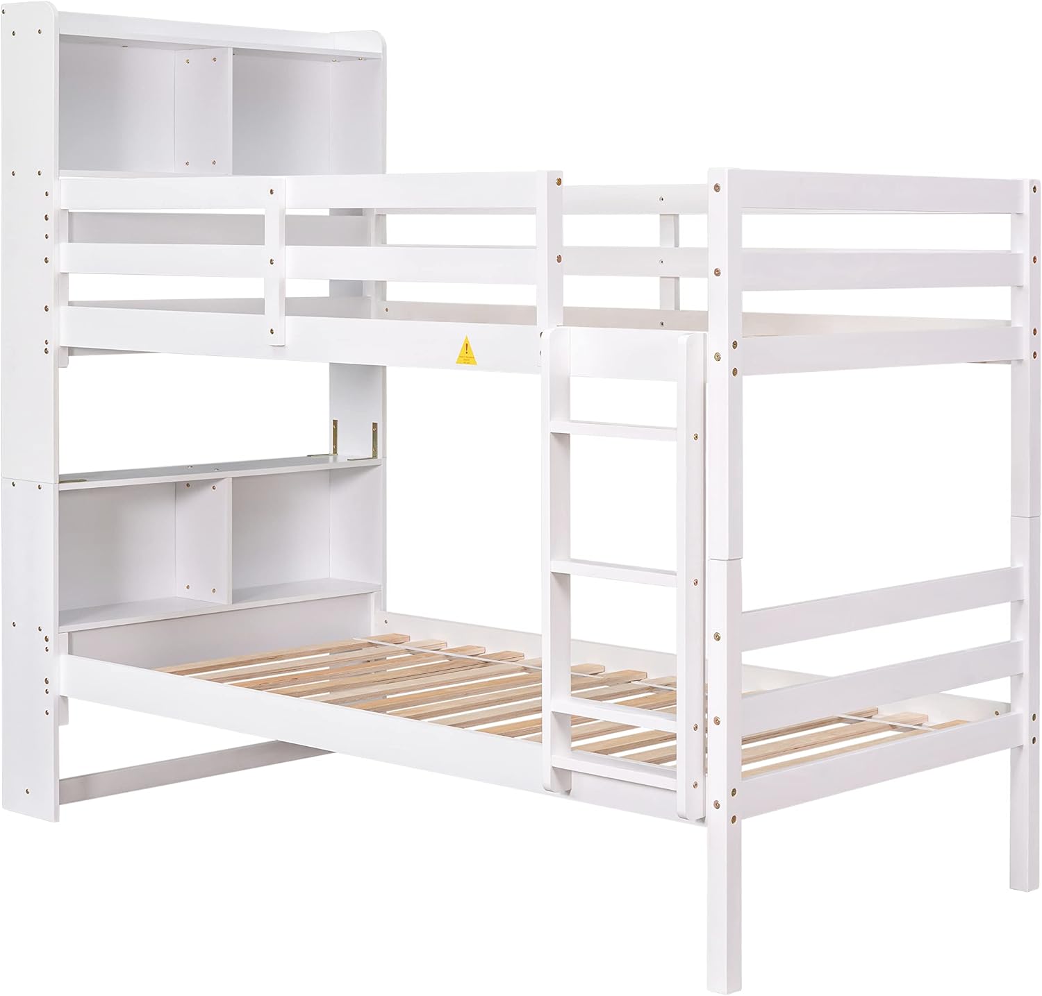 Twin Over Twin Bunk Beds with Bookcase Headboard, Solid Wood Bed Frame with Safety Rail and Ladder, Kids/Teens Bedroom, Guest Room Furniture, Can Be converted into 2 Beds, White