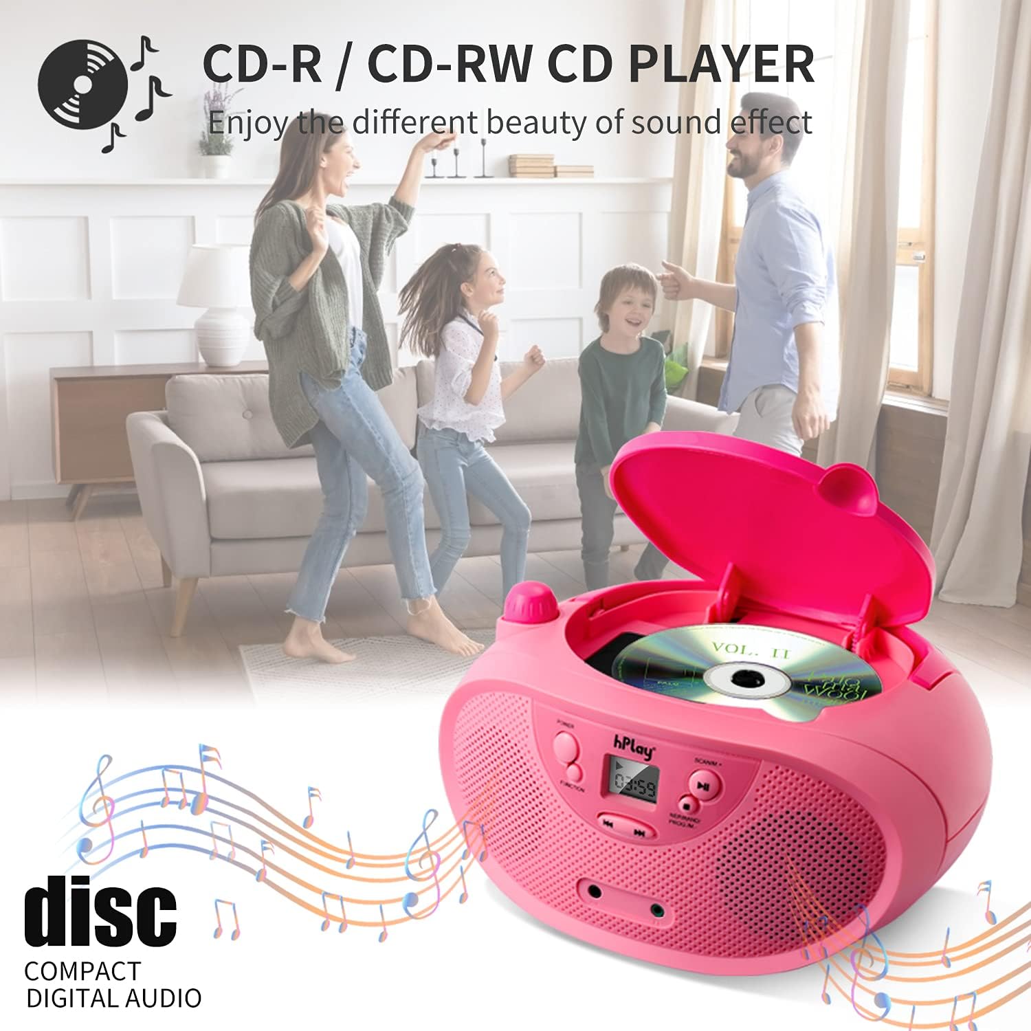 GC04 Portable CD Player Boombox with AM FM Stereo Radio Kids CD Player LCD Display, Front Aux-in Port and Headphone (Red), Supported AC or Battery Powered- Pastel Pink