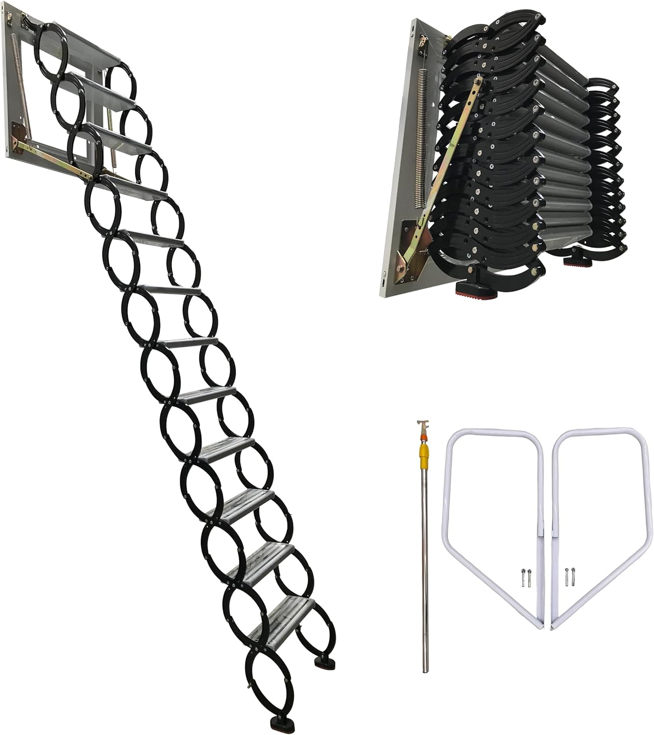 TECHTONGDA Pull Down Attic Ladder, Folding Extension Loft Ladder, 12 Steps Wall-Mounted Folding Stairs with Armrests for Attic Access, 9.8ft Height, Al-Mg Alloy Retractable Ladder Attic Stairs