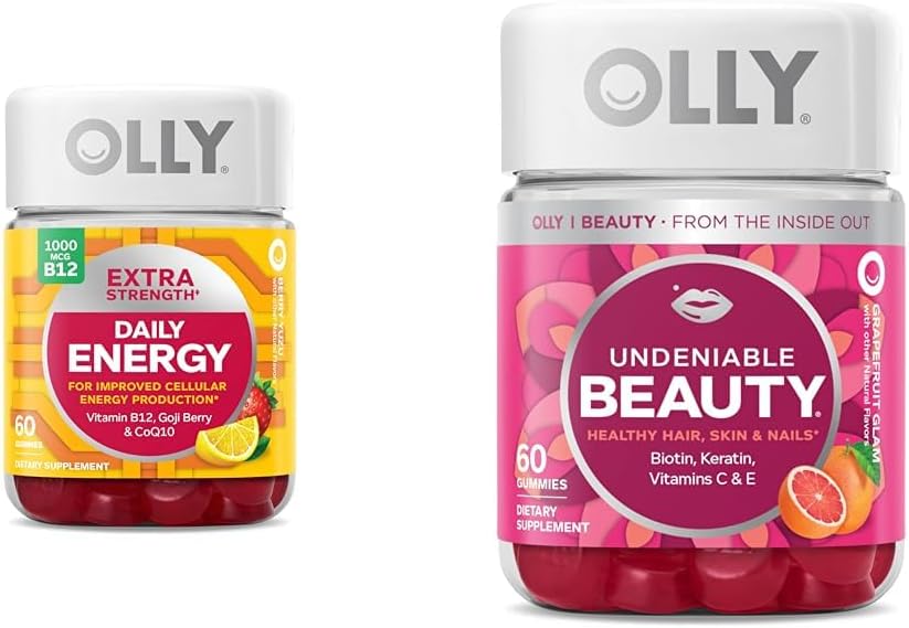 OLLY Extra Strength Daily Energy Gummy, Caffeine Free, 1000mcg Vitamin B12, CoQ10, Goji Berry & Undeniable Beauty Gummy, for Hair, Skin, Nails, Biotin, Vitamin C, Keratin, Chewable Supplement