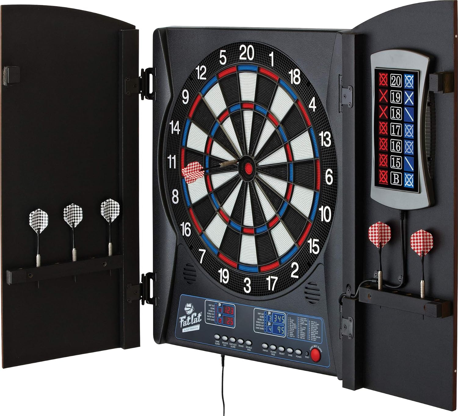 Fat Cat Mercury Electronic Dartboard + Cabinet Set with Soft Tip Darts