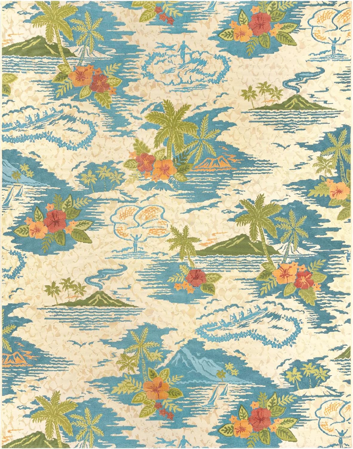 Gertmenian Reyn Spooner Kona Coast Fresco Hawaiian Tropical Rugs | Washable, Stain & UV Resistant Indoor Outdoor Area Rug | Ivory Green Blue, Lanai Island, 8x10 Large, 46766
