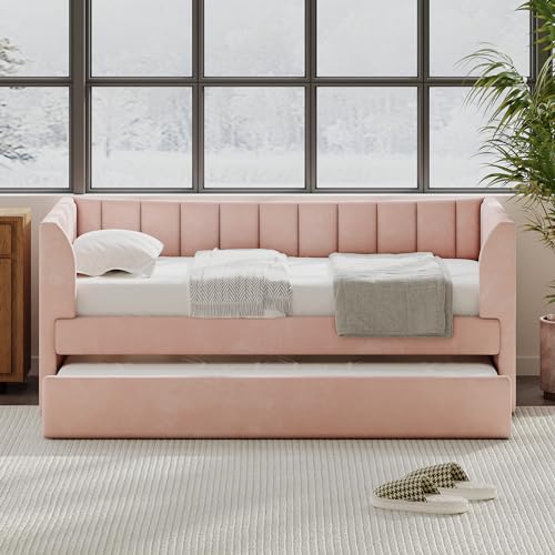 SOFTSEA Twin Upholstered Daybed with Trundle, Modern Velvet Upholstered Daybed Frame, Twin Size Sofa Bed for Living Room Bedroom, No Box Spring Needed, Pink