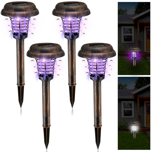4 Pcs Solar Bug Zapper Waterproof Outdoor Mosquito Zapper Mosquito Killer and Lighting Mosquito Repellent Lamp for Indoor Outdoor Use Garden Patio, Purple and White Light (Silver, Stainless Steel)