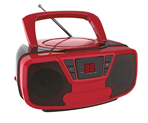 Riptunes CD Player Portable Boombox - AM/FM Radio, Bluetooth Boombox with Aux Line-in, Red and Black