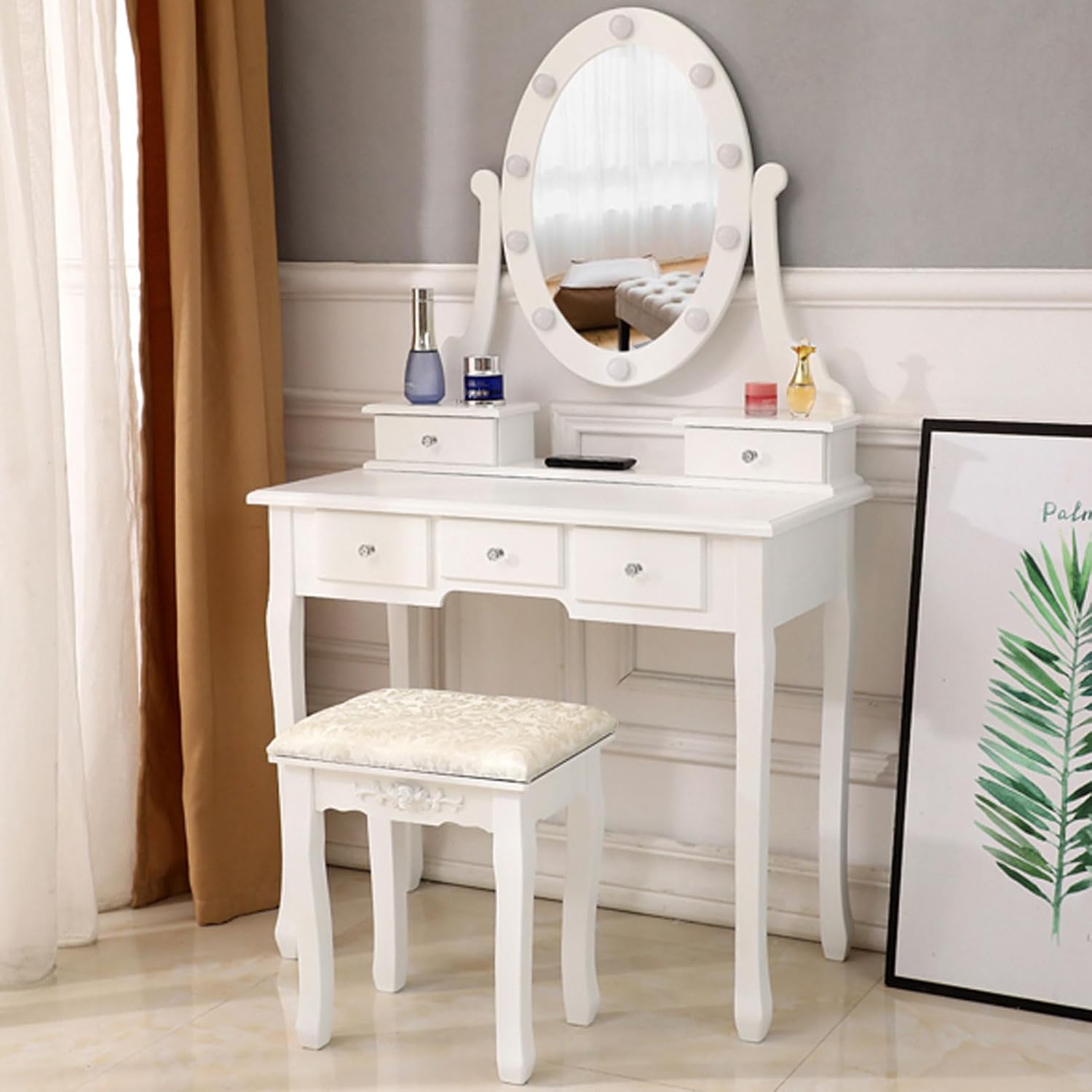 Vanity Desk with Mirror, Makeup Vanity Table with Lights and 5 Drawers Dressing Table for Bedroom Dressing Room