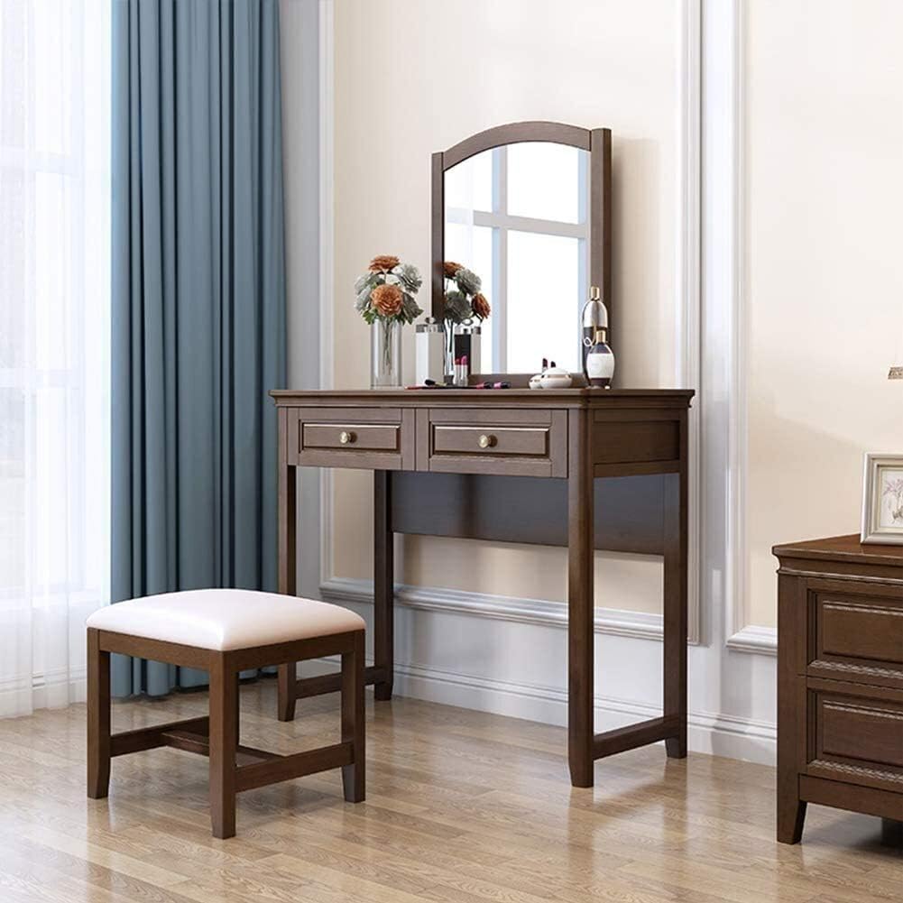 Luxury Dressing Vanity Table w/Stool for Bedroom, Antique Vanity Table Set with Mirror, 2 Drawers, Solid Wood Legs, Cushioned Stool, Dressing Table for Women