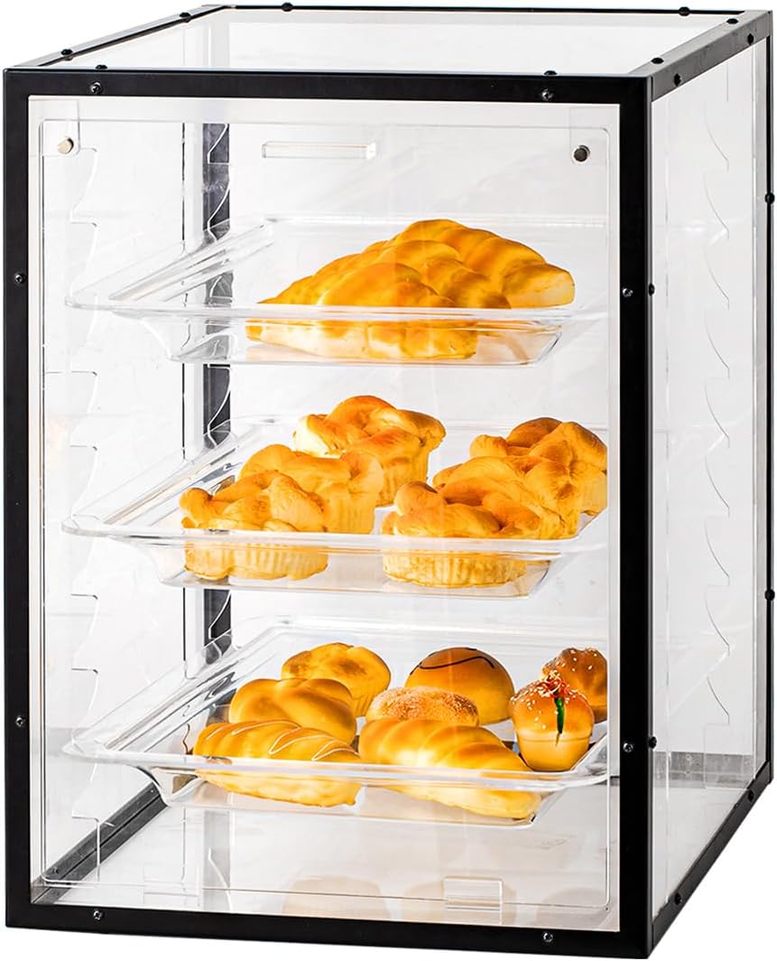 RULA Bakery Display Case, 3-Tier Removable Shelves Pastry Display Case, Acrylic Display Box with Magnetic Door, Counter Case to Keep Fresh for Donuts, Bagels, Cakes, Cookies