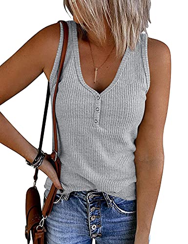 MEROKEETY Women's V Neck Tank Tops Summer Sleeveless Ribbed Button Casual Henley Shirts