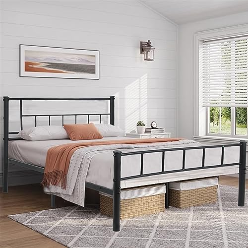 King Metal Bed Frames with Headboard, Metal Platform Bed Frame King Noise-Free, Farmhouse Bed Frame No Box Spring Needed, Single Bed Frames Easy Assembly,King