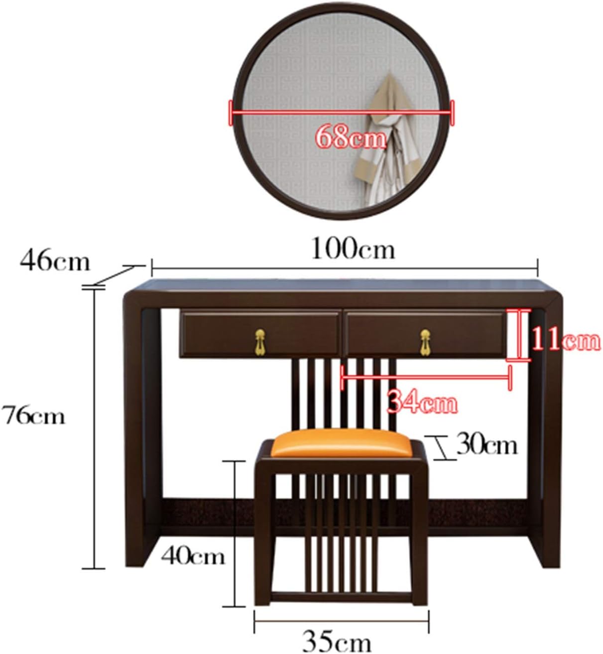 Vanity Table Set Modern Wooden Dressing Table, Vanity Mirror and Stool, Makeup Cosmetics Dresser Bedroom Furniture