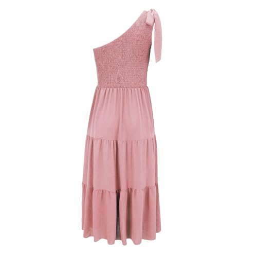 Women's Summer One Shoulder Sleeveless Knot Smocked Midi Dress Split Tiered Flowy Dresses Dresses Loose