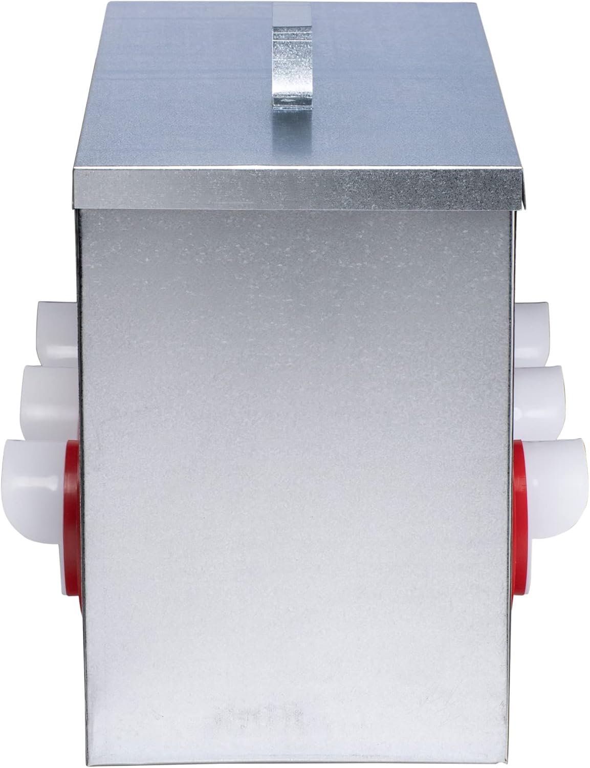 RentACoop Metal 65lb 6-Port Feeder - includes Lid, Ports, Rain Hoods, and Feed Diverters - Suitable for 12 Week Old Chickens/Older and Adult Chickens/Poultry