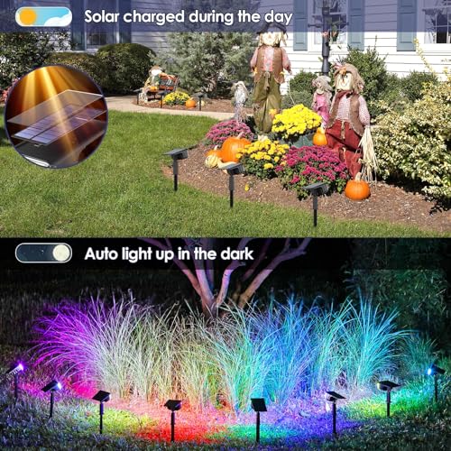 Solar Color Changing Spot Lights Outdoor 4 Pack, 9 Multicolored Modes, IP65 Waterproof USB & Solar Powered Landscape Spotlight, 45 LEDs Bright Garden Lighting, Uplight for Tree, Yard, Outside
