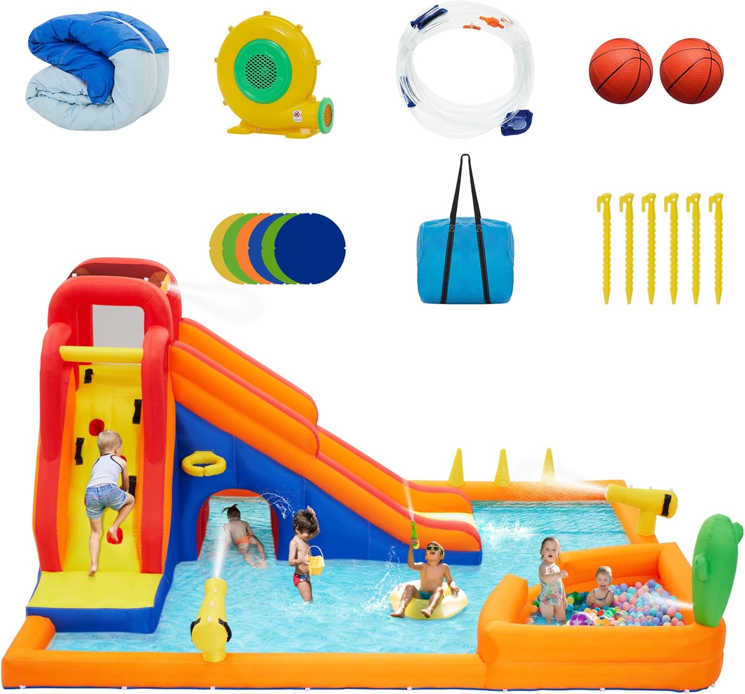 Inflatable Water Slide Park with Deep Pool, Crawl Tunnel, Climbing Wall, Slides, Basketball Hoop Outdoor Fun for Kids, Easy to Set Up & Inflate, with Included Blower.