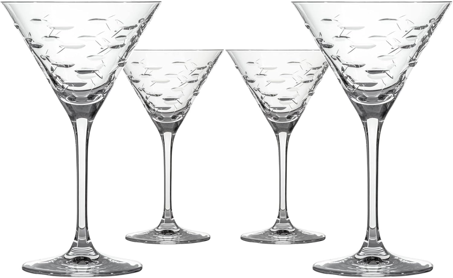 Rolf Glass School of Fish Martini Glass - Set of 4 Stemmed 10 oz. Martini Glasses - Lead-Free Glass - Diamond-Wheel Engraved Cocktail Glasses - Made in the USA