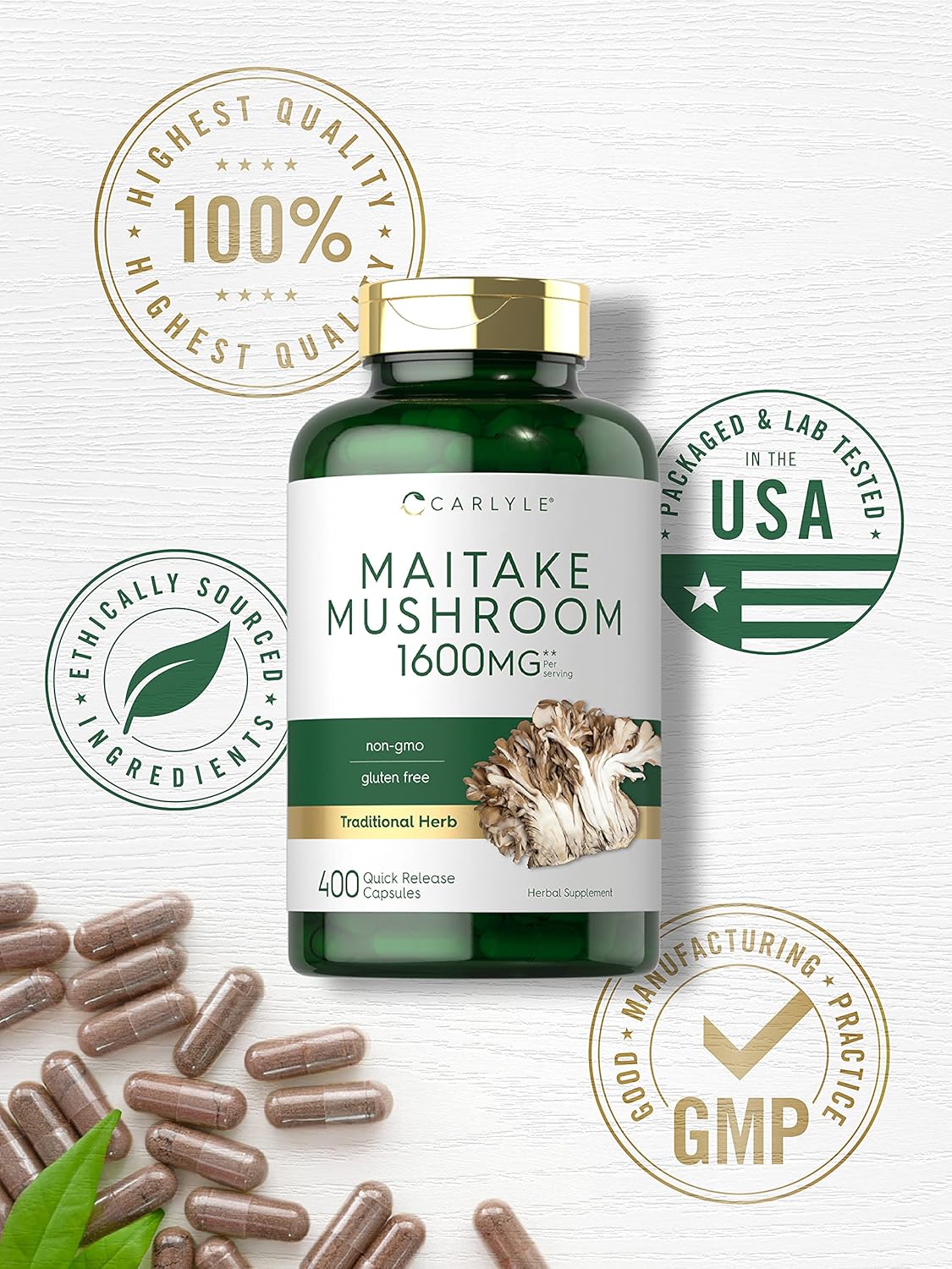 Carlyle Maitake Mushroom Capsules | 1600mg | 400 Count | Non-GMO & Gluten Free Extract | Mushroom Supplement