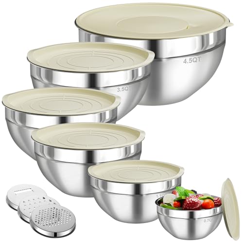 20 PCS Stainless Steel Mixing Bowls with 3 Grater Attachments, Mixing Bowls with Lids Set, Non-Slip Bottoms & Kitchen Utensils Set, Size 7, 4, 3.5, 2.1, 1.5, 1.1QT, Great for Mixing & Serving-Khaki
