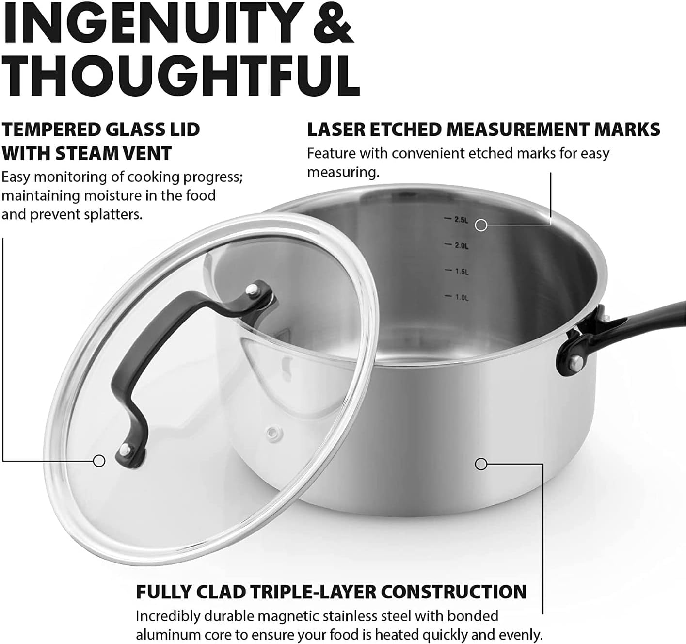 Full-clad Tri-ply 3 Qt Stainless Steel Sauce Pan With Lid Induction Cookware Silver Dishwasher Safe