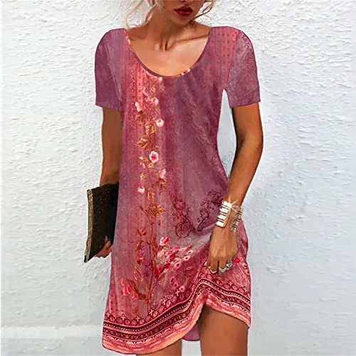 Women's Summer Dresses Boho Mini Dress Casual Short Sleeve Crew Neck Loose Retro T-Shirts Dress Trendy Short Sundress
