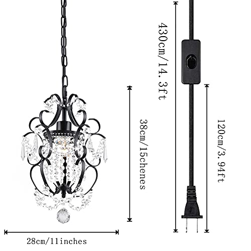 Plug in Chandelier Hanging Lignt Fixture with 14.3 FT Cord and ON/Off Switch,Mini Black Chandelier Iron Ceiling Light Fixture for Bedroom,Living Room,Dining Room