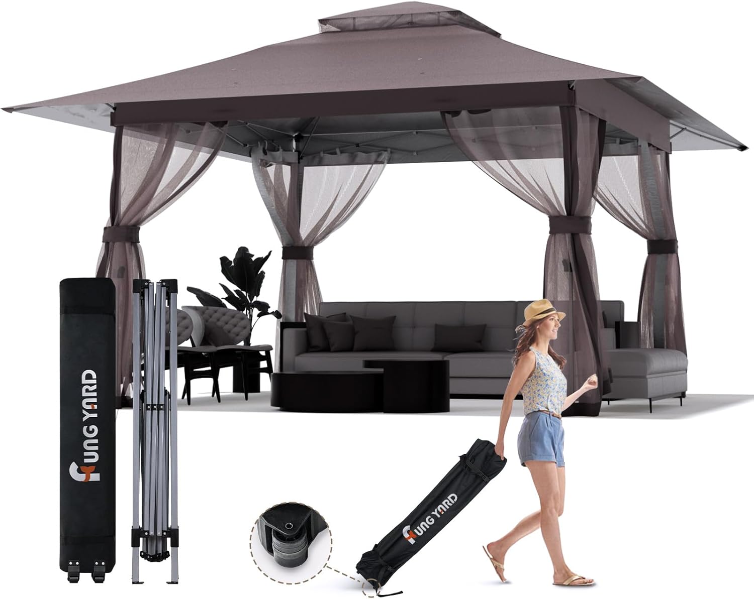 13x13 Outdoor Patio Gazebo with Mosquito Nettings - Double Roof Pop Up Canopy Tent with Wheeled Carry Bag, Outdoor Canopy Shelter for Backyard Deck Lawns Garden (13x13ft Brown)