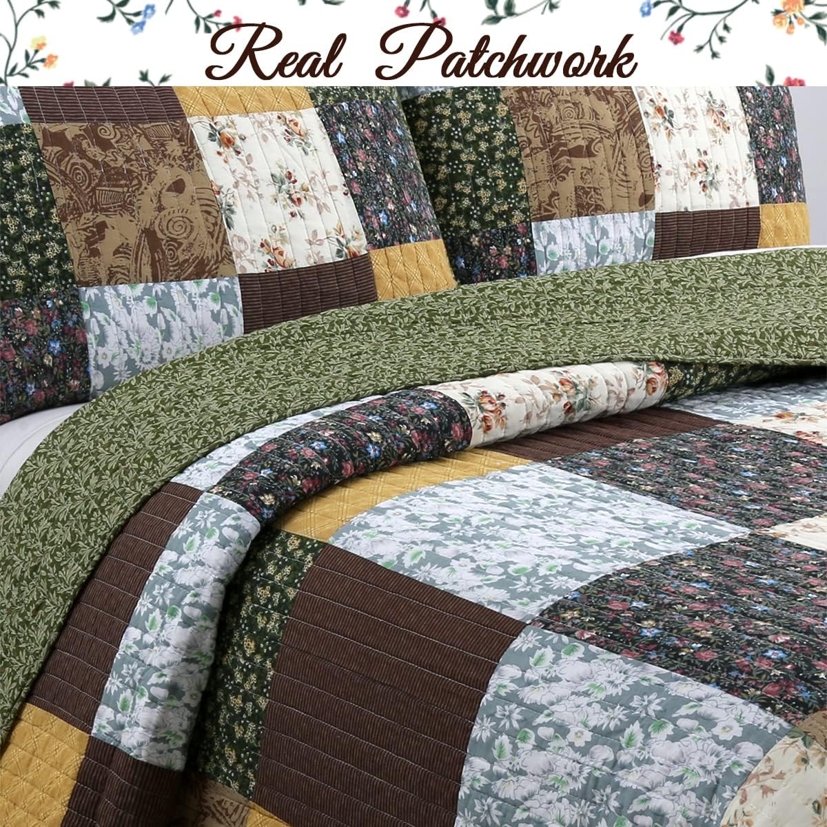 Cozy Line Home Fashions Andy Mustard Yellow Country Farmhouse Real Patchwork Quilt Bedding Set, 100% Cotton Reversible Coverlet, Bedspread (Brown Olive, Queen - 3 Piece)