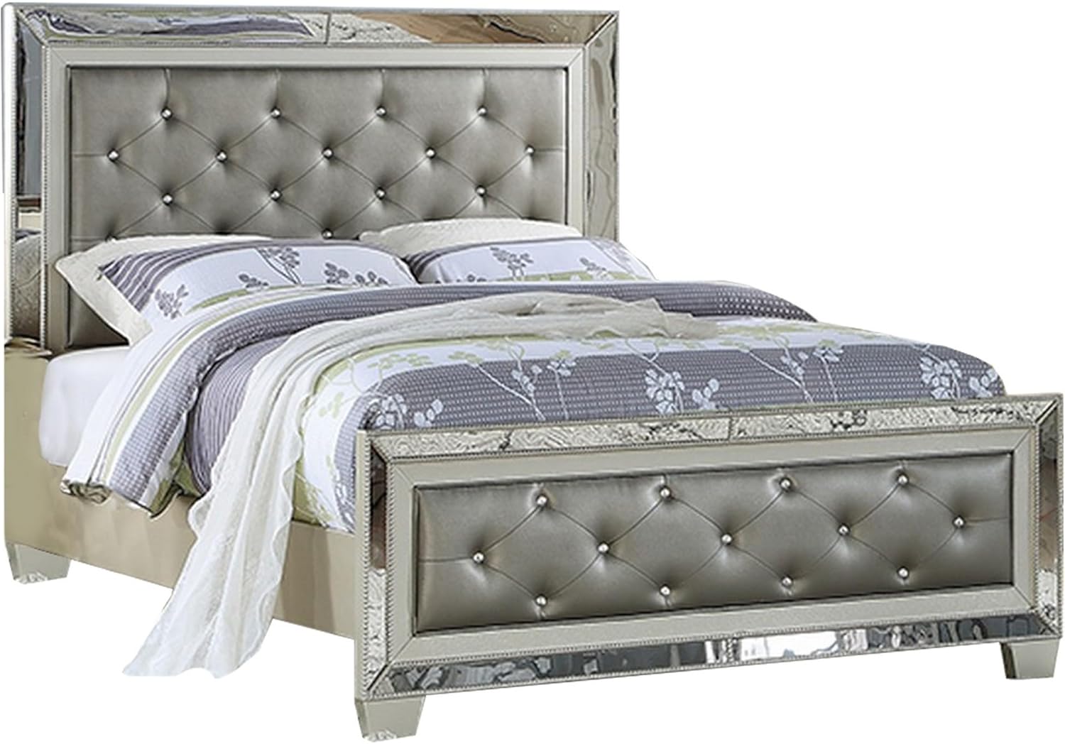 Benjara Reva Queen Bed, Mirror Inlaid, Button Tufted Gray Faux Leather Upholstery