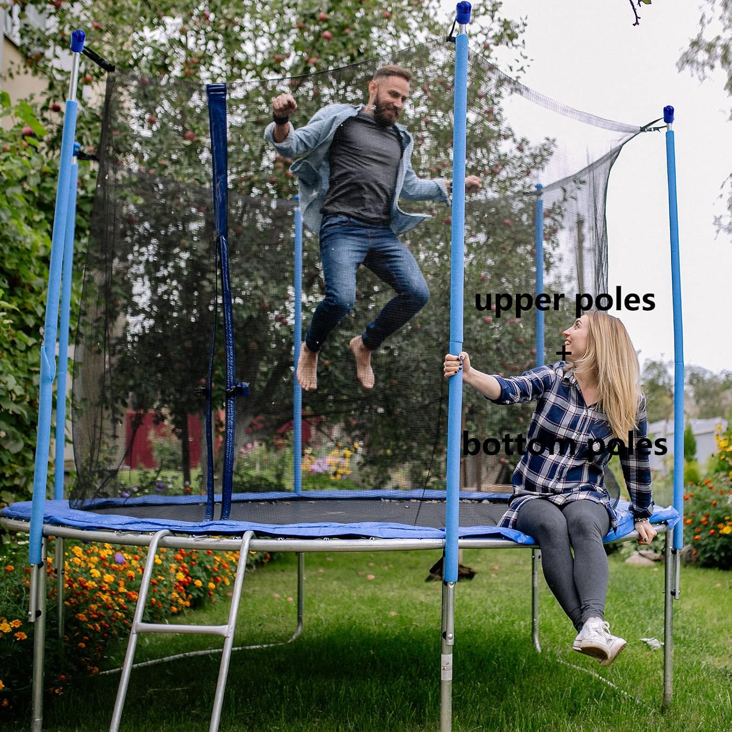 14 FT Trampoline Replacement Net with Poles, 6 Trampoline Net Poles with Connecters and Screws Bolts, Pole Caps, Only 6 Straight Poles 14 Feet Round Frame, Installs Inside Frame