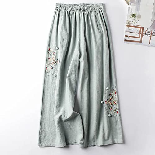 Womens Linen Blend Summer Comfy Palazzo Pants Elastic Waist Wide Leg Slim Fit Pants Travel