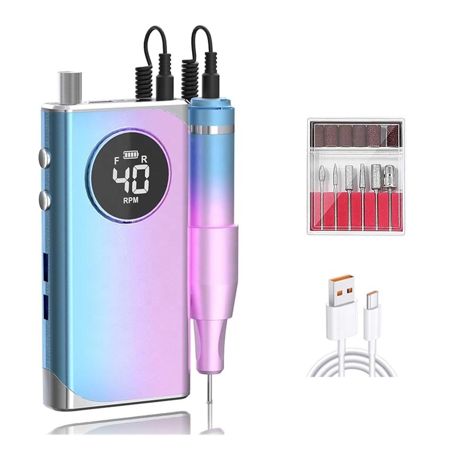 Electric Nail Drill Professional Portable Electric 40000RPM Rechargeable Nail File Beauty Salon Tool Manicure Machine Nail Polisher Drill for Acrylic, Gel Nails ( Color : Bianco , Size : A ) (Colorful