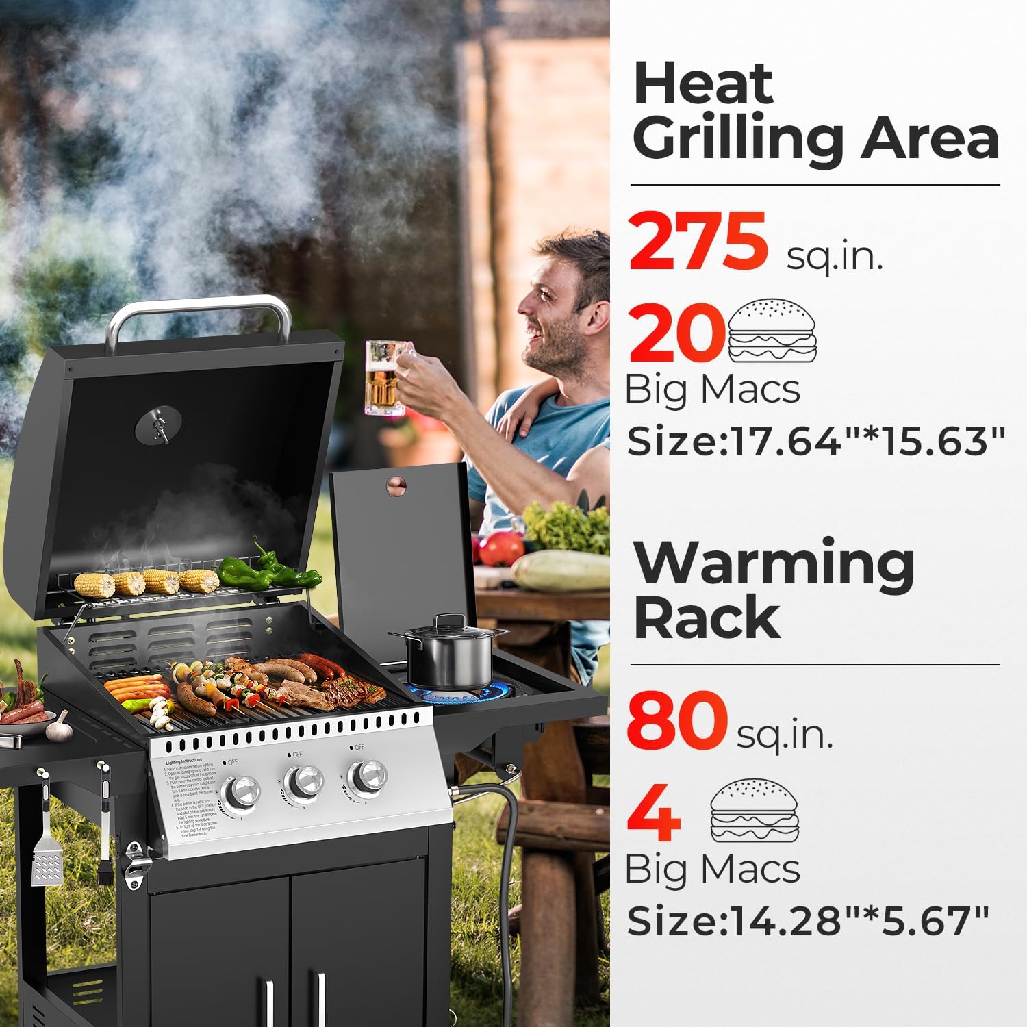 2-Burner Propane Gas Grill with Side burner, 31000 BTU BBQ Grill for Barbecue Cooking with Top Cover Lid,Wheels,Side Storage Shelves,Barbeque Stove for Patio Garden Camping,Silver