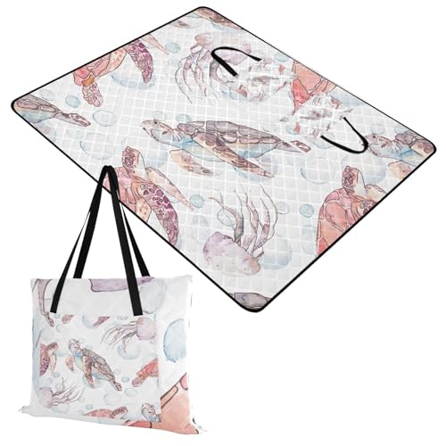 Turtle Jellyfish Extra Large Picnic Outdoor Blanket, Foldable Beach Blanket Waterproof Sandproof Camping Mat for Family Travel Park Wet Grass Hiking Yoga, 60 x 80 Inch