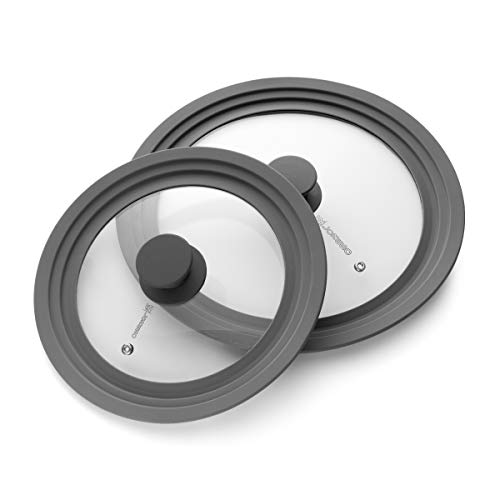 Universal Silicone Glass Lid for Pots Pans & Skillet Size 7, 8, 9, 10 &11 Inche, Tempered Glass Lid with Steam Vent, Cool-Touch Handle Dishwasher Safe (Pack of Two - Grey)