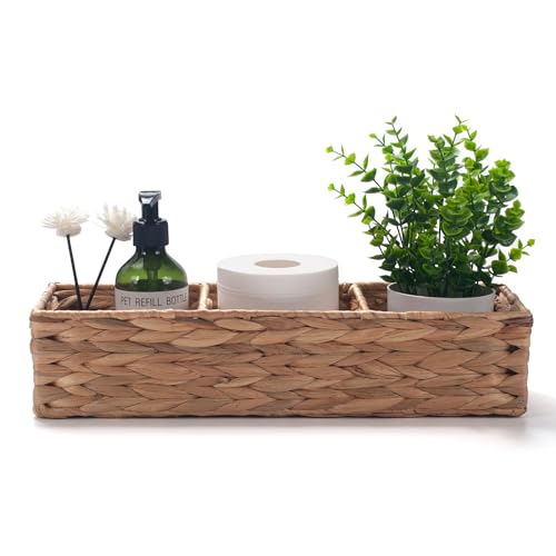 Water Hyacinth Toilet Tank Basket for Toilet Paper Rolls Wicker Baskets for Shelves Tampon Storage for Bathroom 3 Dividers (Large Compartment 16.5inch x 5.5inch x 3.5inch)