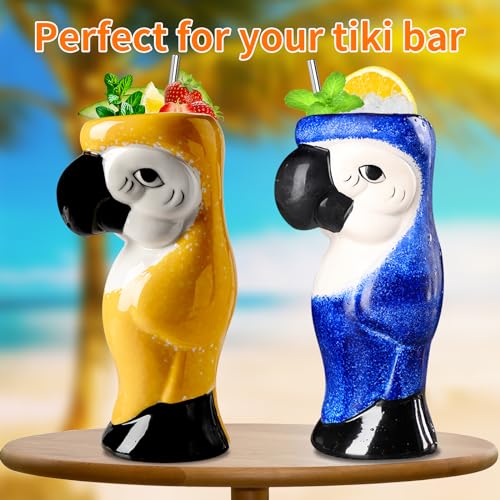 SuproBarware Tiki Mugs Set of 2 - Large Parrot Cocktail Tiki Glasses Hawaiian Party Cute Exotic Cocktail Glasses Hawaiian Ceramic Mug