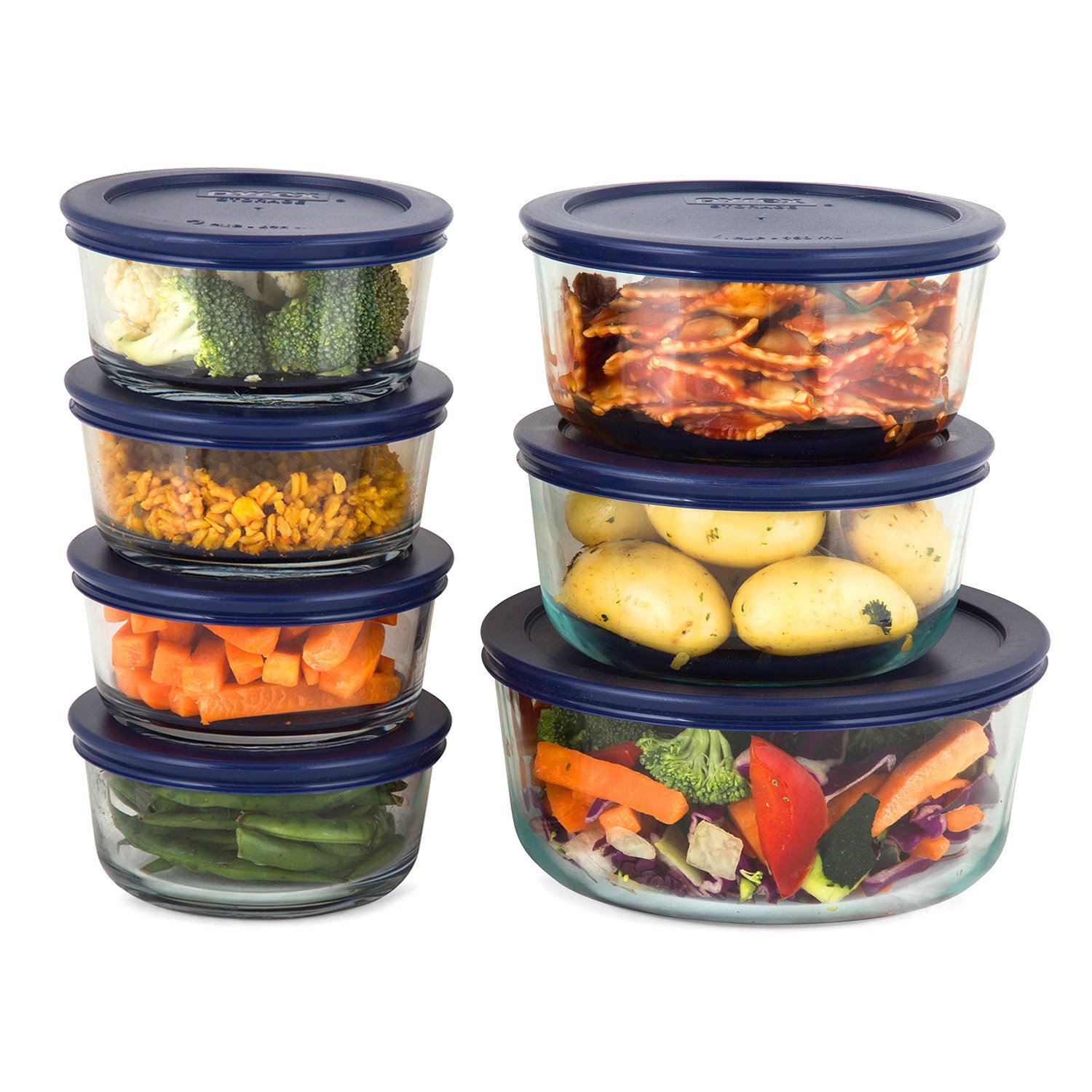 Pyrex Simply Store 14-Piece Round Glass Food Storage Set, Blue