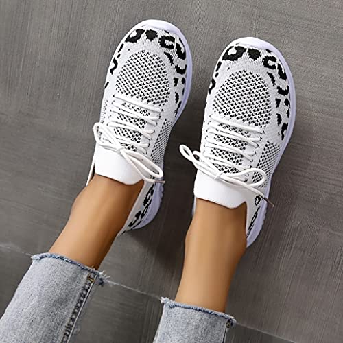 Women's Lace-Up Sneakers Spring Summer Knitted Mesh Breathable Sports Shoes Leopard Print Walking Shoes Lightweight Non-Slip Running Shoes Casual Sneakers Comfortable Road Running Shoes