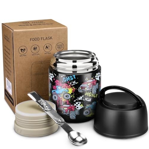 17 oz Insulated Lunch Containers Hot Food Jar, Wide Mouth Lunch Thermo for Kids Adults, Vacuum Stainless Steel Lunch Box With Handle Folding Spoon for School, Office (Blue-Pink)