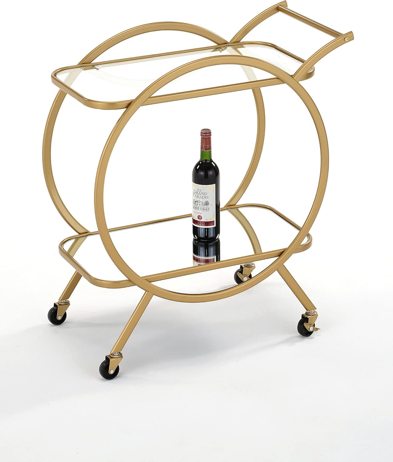 RAAMZO Round Gold Finish Metal Bar Cart 2-Tier Wine Bottle Shelves Serving Cart with Mirrored Glass Top and Bottom