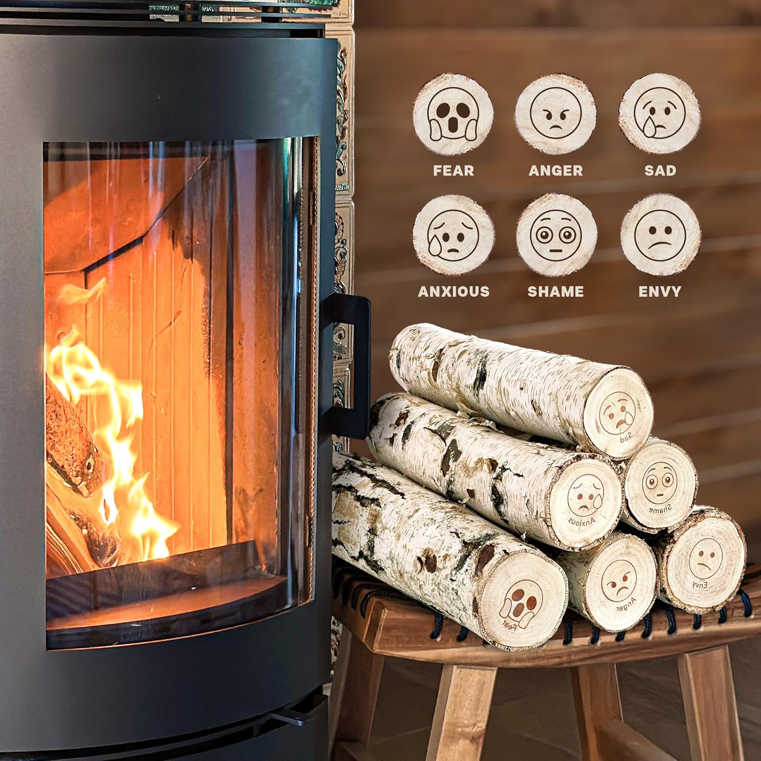 White Birch Logs for Fireplace Decorative, Emoji Birch Wood Logs for Decoration, Fireplace Logs for Indoor & Outdoor Fireplace, Birch Wood Decorative Logs, Fireplace Wood, Birch Firewood - Pack of 6