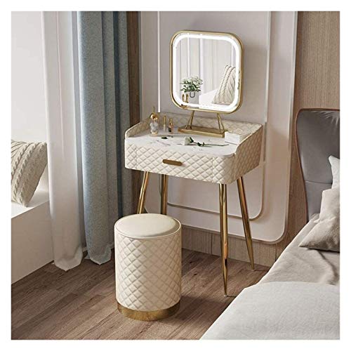 Luxury Dressing Vanity Table w/Stool for Bedroom, Light Luxury Dressing Table Bedroom Small Apartment Mini Multi-function Storage Cabinet Nordic Style(Beige,40cm)