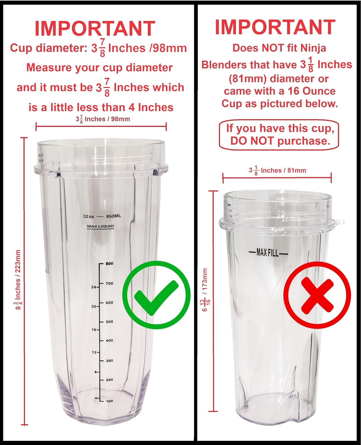 Blendin 32 Ounce Cup with Sip N Seal To Go Lids - Extra Large Replacement Jar Compaible with Nutri Ninja Auto-iQ 1000W and Duo Blenders - Premium Blender Cups Replacement (2 Pack)