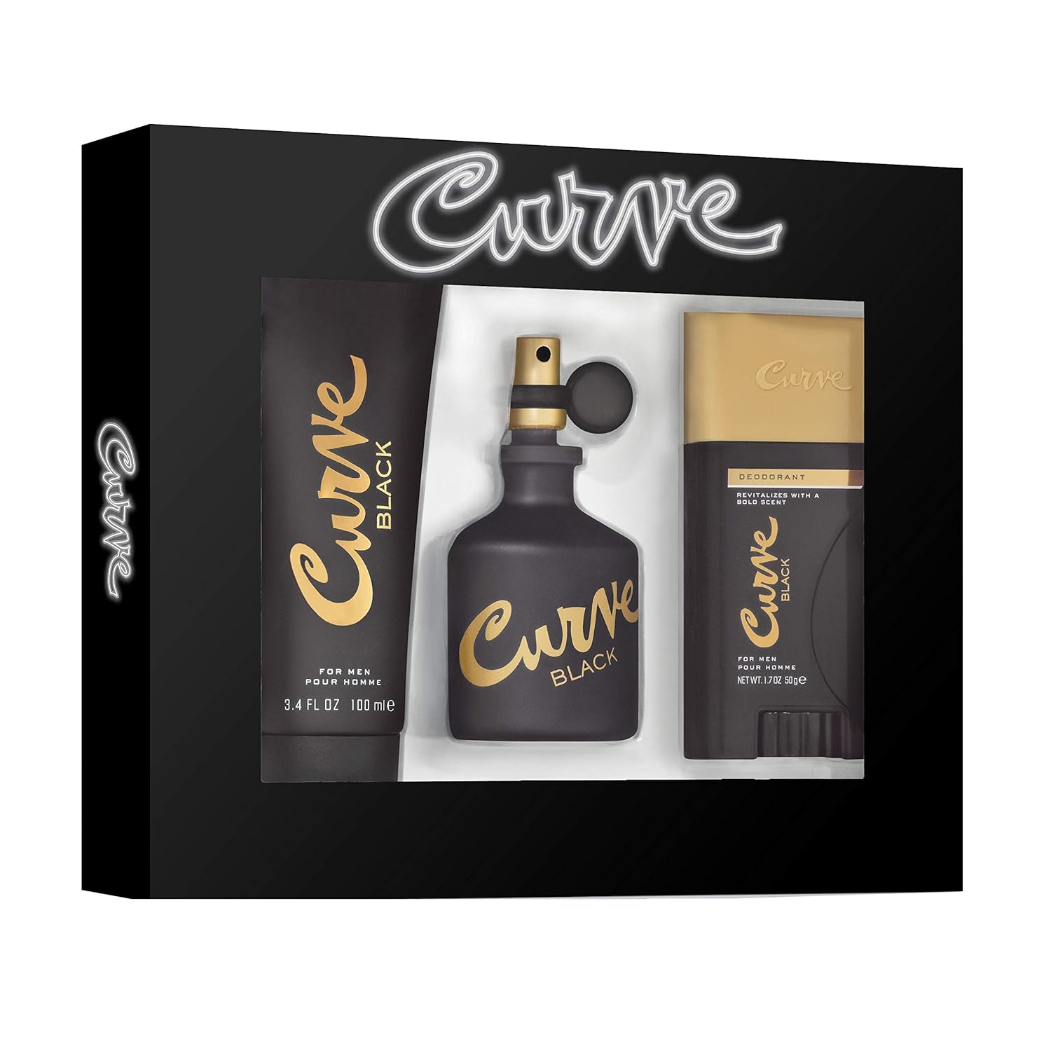 Curve Men's Cologne Gift Set Black, 4 Pieces Include 2.5oz Cologne, 3.4oz After Shave Balm, 1.7oz Deodorant Stick, Drawstring Bag