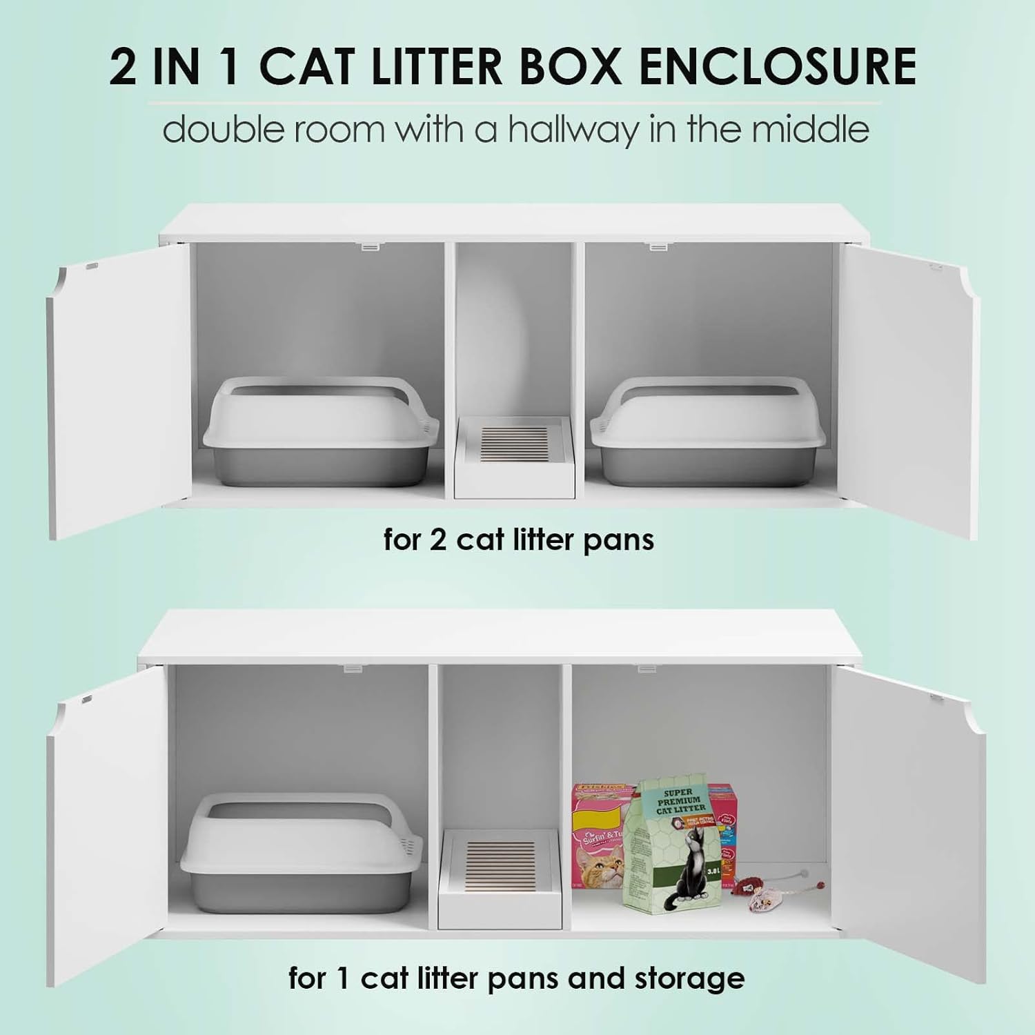 Lovinouse Hidden Cat Litter Box Enclosure Furniture, Cat Washroom with Double Room and Litter Catch, Wooden Cat House Side End Table Nightstand for Indoor (White)