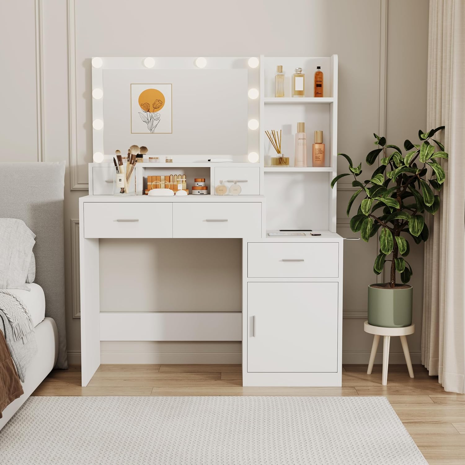 Modern Dressing Table with Drawers and Cabinets Makeup Cabinet with Mirror and 10 Lamps Dresser with Open Shelves for Bedroom Dressing Room