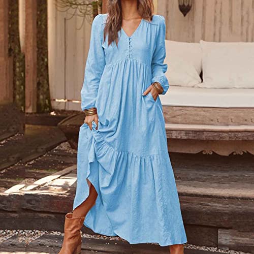 Summer Dresses for Women 2024 Long Sleeve Casual Loose Swing V Neck Ruffle Maxi Dress Vacation Flowy Womens Sundress