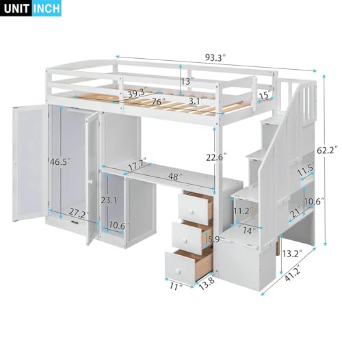Twin Size Loft Bed with Wardrobe and Staircase, Desk and Storage Drawers and Cabinet, White