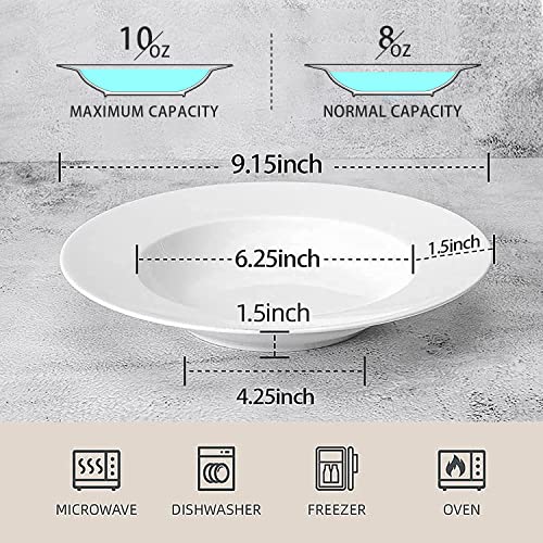 Artena 8 Ounces Pasta Bowls Set of 4, 8.5 inch Soup Bowls, Advanced Porcelain Salad Bowl, Wide Rim Pasta Plates, Shallow Bowls for Kitchen, Rimmed White Plates and Bowls Set, Microwave Oven Safe