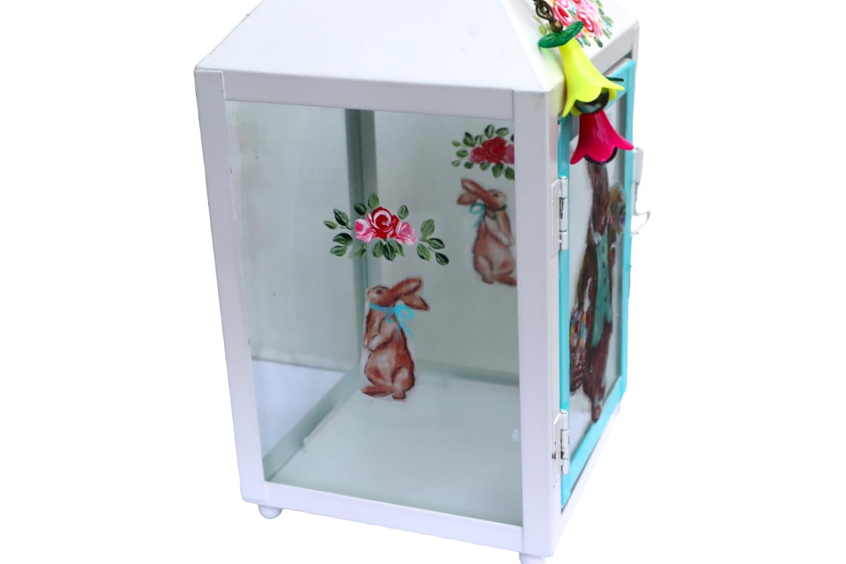 Decorative Large Rectangular Metal and Glass Vintage Style Easter Bunny Lantern Decorations Hand Painted Roses Victorian Shabby Chic Spring Home Decor